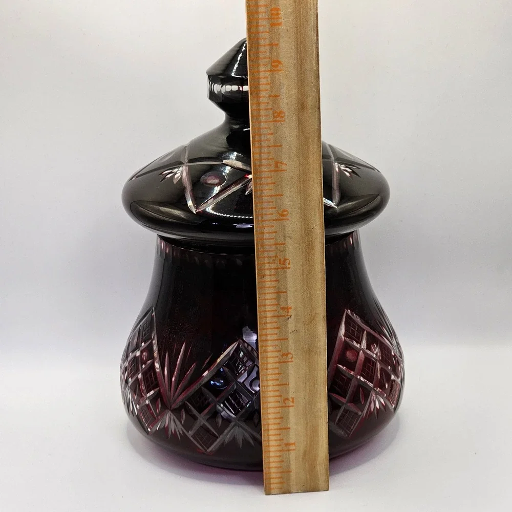 Vintage Bohemian Czech Ruby Red Cut to Clear Glass Canister Jar Crystal Lid 9.5